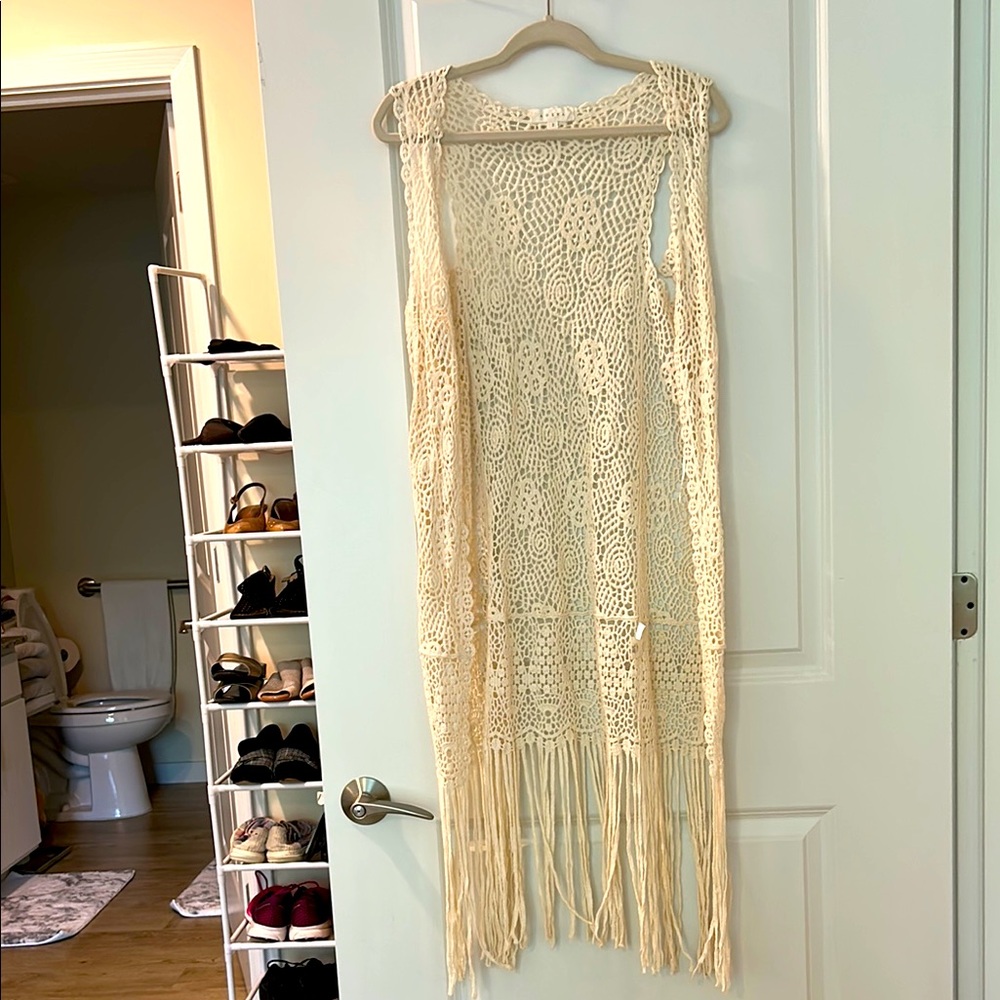 ADIVA Cream Crochet Long Fringe Wrap